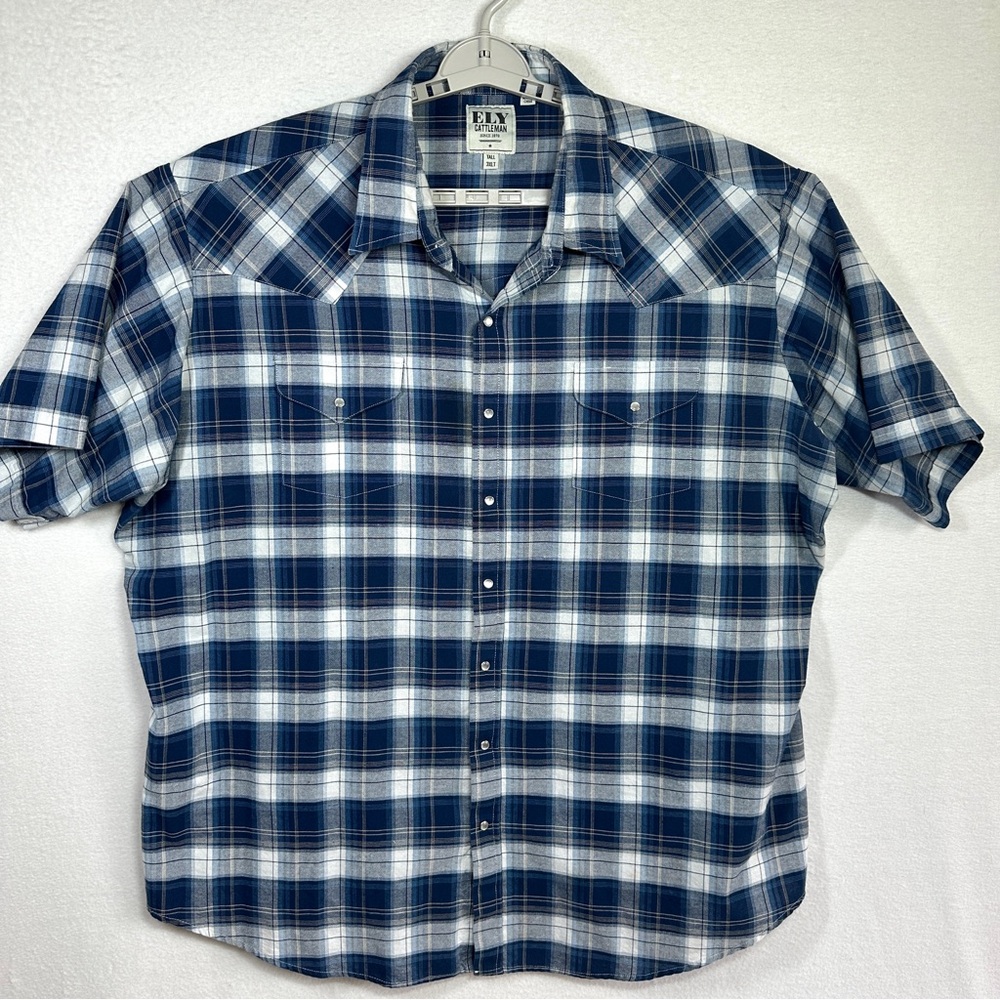 Ely Cattleman Pearl Snap Shirt Men's 3XLT Tall Blue Plaid Short Sleeve Western